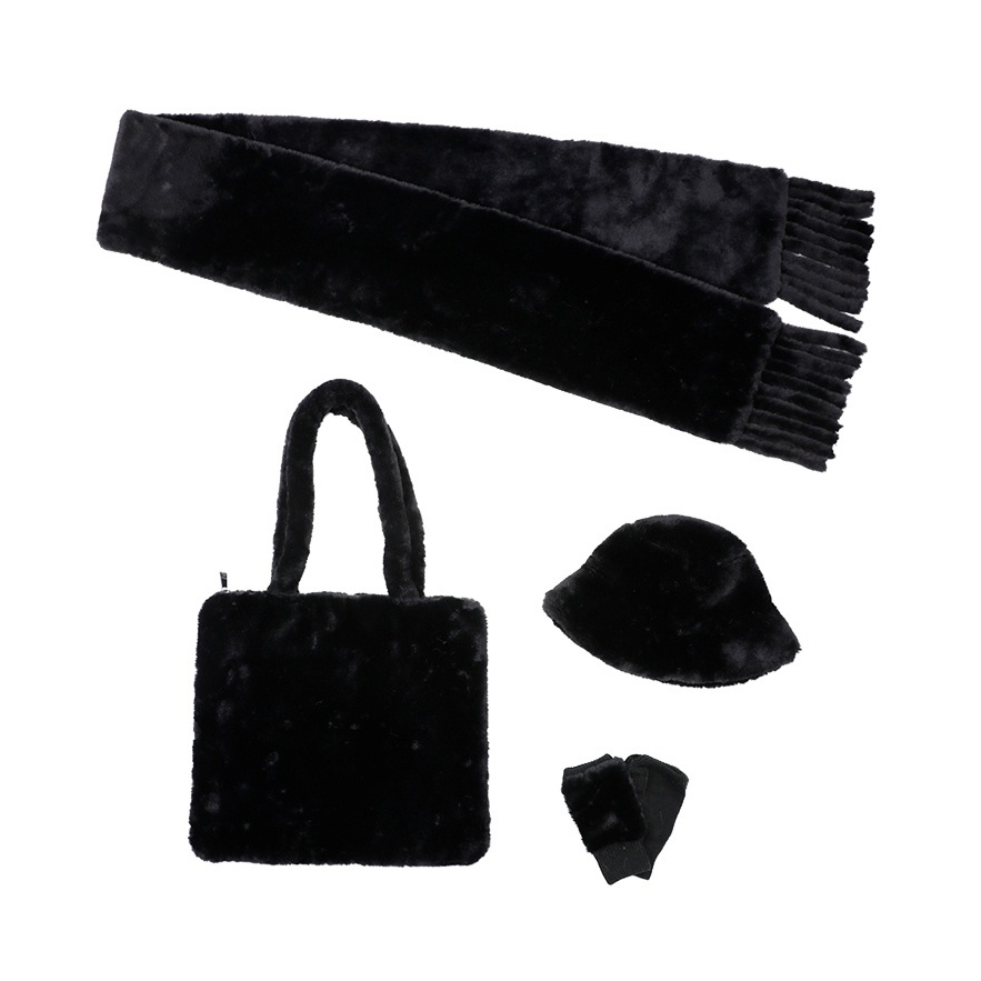 黑色人造毛圍巾/帽子/手套/購物包